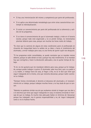Proyecto Curricular del Centro (P.C.C.)




• Si hay una interiorización del mismo y competencia por parte del profesorado.

• Si se aplica una determinada metodología que entre otras características con-
  temple la individualización.

• Si existe un convencimiento por parte del profesorado de la coherencia y vali-
  dez de los programas.

• Si se tiene el convencimiento de que el alumnado trabaja y rinde en el horario
  escolar, porque todo está organizado y no se pierde tiempo, no necesitamos
  plantear deberes para casa, porque son muchas las horas reales de trabajo.

”Es claro que la carencia de alguna de estas condiciones pone al profesorado en
situación de inseguridad hacia la validez de su labor y hacia el rendimiento del
alumnado, y enviar trabajos para casa, es una forma de querer suplir ese desajuste.

”Si los programas están consolidados, se puede constatar que se mandan menos
deberes, porque se sabe dónde se está y porque hay más rendimiento. Si se mandan      119
hay que corregirlos y hacer la devolución adecuada y eso es quitar tiempo de tra-
bajo.

”A mí, no me gustaría que me mandasen deberes para casa, porque ya he trabaja-
do, aunque puedo trabajar si quiero. El alumnado, sabe muy bien, que a su padre o
a su madre, si trabaja fuera de casa, al llegar a ella, no se le dice que tiene que
seguir trabajando de lo mismo, sino que necesita descansar, porque nadie cuestio-
na su trabajo.

”Siempre hemos reivindicado el derecho al descanso del alumnado y el reconoci-
miento de su trabajo, porque trabajan muchas horas y no hay duda de que se can-
san.

”Además no podemos olvidar eso de que acabamos siendo la imagen que nos dan y
si le decimos que tiene que seguir trabajando en casa, le estamos enviando el men-
saje de que no trabaja. Es mucho más adecuado hablar en términos de ‘descansar
porque has trabajado’, eso le genera responsabilidad y no, de ‘seguir trabajando’
como si no lo hubiese hecho.




                                        Indice
 