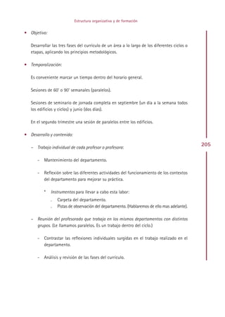 Estructura organizativa y de formación


• Objetivo:

   Desarrollar las tres fases del currículo de un área a lo largo de los diferentes ciclos o
   etapas, aplicando los principios metodológicos.

• Temporalización:

   Es conveniente marcar un tiempo dentro del horario general.

   Sesiones de 60’ o 90’ semanales (paralelos).

   Sesiones de seminario de jornada completa en septiembre (un día a la semana todos
   los edificios y ciclos) y junio (dos días).

   En el segundo trimestre una sesión de paralelos entre los edificios.

• Desarrollo y contenido:

   – Trabajo individual de cada profesor o profesora:
                                                                                               205

      -   Mantenimiento del departamento.

      -   Reflexión sobre las diferentes actividades del funcionamiento de los contextos
          del departamento para mejorar su práctica.

          *   Instrumentos para llevar a cabo esta labor:
              .   Carpeta del departamento.
              .   Pistas de observación del departamento. (Hablaremos de ello mas adelante).

   – Reunión del profesorado que trabaja en los mismos departamentos con distintos
     grupos. (Le llamamos paralelos. Es un trabajo dentro del ciclo.)

      -   Contrastar las reflexiones individuales surgidas en el trabajo realizado en el
          departamento.

      -   Análisis y revisión de las fases del currículo.




                                              Indice
 