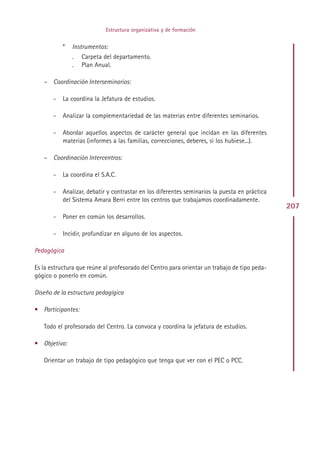 Estructura organizativa y de formación


           *   Instrumentos:
               .   Carpeta del departamento.
               .   Plan Anual.

   – Coordinación Interseminarios:

       -   La coordina la Jefatura de estudios.

       -   Analizar la complementariedad de las materias entre diferentes seminarios.

       -   Abordar aquellos aspectos de carácter general que incidan en las diferentes
           materias (informes a las familias, correcciones, deberes, si los hubiese...).

   – Coordinación Intercentros:

       -   La coordina el S.A.C.

       -   Analizar, debatir y contrastar en los diferentes seminarios la puesta en práctica
           del Sistema Amara Berri entre los centros que trabajamos coordinadamente.
                                                                                               207
       -   Poner en común los desarrollos.

       -   Incidir, profundizar en alguno de los aspectos.

Pedagógica

Es la estructura que reúne al profesorado del Centro para orientar un trabajo de tipo peda-
gógico o ponerlo en común.

Diseño de la estructura pedagígica

• Participantes:

   Todo el profesorado del Centro. La convoca y coordina la jefatura de estudios.

• Objetivo:

   Orientar un trabajo de tipo pedagógico que tenga que ver con el PEC o PCC.




                                              Indice
 