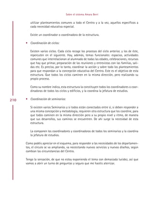 Sobre el sistema Amara Berri


         utilizar planteamientos comunes a todo el Centro y a la vez, aquellos específicos a
         cada necesidad educativa especial.

         Existe un coordinador o coordinadora de la estructura.

      • Coordinación de ciclos:

         Existen varios ciclos. Cada ciclo recoge los procesos del ciclo anterior, y los de éste,
         repercuten en el siguiente. Hay, además, temas funcionales: espacios, actividades
         comunes que interrelacionan al alumnado de todas las edades, celebraciones, recursos
         que hay que primar, preparación de las reuniones y entrevistas con las familias, sali-
         das etc. Es preciso, por lo tanto, coordinar la acción y sobre todo los planteamientos
         para que respondan a la concepción educativa del Centro. Este es el objetivo de esta
         estructura. Que todos los ciclos caminen en la misma dirección, pero realizando su
         propio proceso.

         Como su nombre indica, esta estructura la constituyen todos los coordinadores o coor-
         dinadoras de todos los ciclos y edificios, y la coordina la jefatura de estudios.

210   • Coordinación de seminarios:

         Si existen varios Seminarios y si todos están conectados entre sí, si deben responder a
         una misma concepción y metodología, requieren otra estructura que los coordine, para
         que todos caminen en la misma dirección pero a su propio nivel y ritmo, de manera
         que sus desarrollos, sus caminos se encuentren. De ahí surge la necesidad de esta
         estructura.

         La componen los coordinadores y coordinadoras de todos los seminarios y la coordina
         la jefatura de estudios.

      Como podéis apreciar en el esquema, para responder a las necesidades de los departamen-
      tos, el círculo se va ampliando, va necesitando nuevos servicios y nuevos diseños, según
      cambian las circunstancias del Centro.

      Tengo la sensación, de que no estoy exponiendo el tema con demasiada lucidez, así que
      vamos a abrir un turno de preguntas y seguro que me hacéis aterrizar.




                                           Indice
 