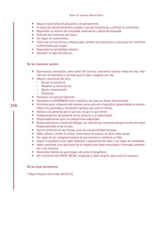 Sobre el sistema Amara Berri

          •   Adquirir autonomía de actuación y de pensamiento.
          •   A través del autoconocimiento aceptar nuestras limitaciones y reforzar la autoestima.
          •   Desarrollar un espíritu de curiosidad, observación y deseo de búsqueda.
          •   Disfrutar del momento, del ahora.
          •   Ser capaz de concentrarse.
          •   Tener una actitud activa y creativa para cambiar las estructuras y solucionar los conflictos
              o dificultades que surgen.
          •   Desarrollar la sensibilidad artística.
          •   Descubrir el valor del silencio.


      De las relaciones sociales

          •   Que nuestra concepción, como parte del Cosmos, caracterice nuestra forma de vida: rela-
              ción con la naturaleza y las leyes que la rigen, cooperar con ella.
          •   Adquirir conciencia del otro.
              – Acusar su presencia.
              – Respetar su forma de ser.
              – Querer comprenderle.
              – Sintonizar.
          •   Presentar una actitud tolerante.
          •   Considerar la DIFERENCIA como cualidad y no como un factor discriminante.
236       •   Sentirnos parte integrante del entorno socio-cultural y lingüístico, desarrollando la sensibi-
              lidad a los profundos y constantes cambios que sufre el mismo.
          •   Valorar a las personas por lo que son, no por lo que tienen.
          •   Comprometernos activamente en los servicios a la colectividad.
          •   Responsabilizarnos ante los compromisos adquiridos.
          •   Buscar soluciones a través del diálogo. (La solución por consenso está por encima del voto).
              Responsabilidad al dar el voto.
          •   Que la corrección en las formas, surja de una sensibilidad humana.
          •   Saber utilizar y recibir la crítica, como factor de avance, es decir, como ayuda.
          •   Ser capaz de dar categoría humana al que reconoce y confiesa un fallo.
          •   Lograr el equilibrio entre saber defender y argumentar las ideas y ser capaz de cambiarlas.
          •   Saber someterse a las decisiones de la mayoría tras haber escuchado e intentado compren-
              der a las minorías.
          •   Desarrollar hábitos de austeridad y de evitar el despilfarro.
          •   Ser consciente del LIMITE SOCIAL, respetarlo y saber exigirlo, para evitar la injusticia.


      De las áreas disciplinares

      * Véase Proyecto Curricular del Centro.




                                                Indice
 