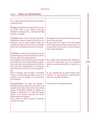 Documentos


03-01.    CARPETA DEL DEPARTAMENTO


Es un instrumento de formación para el profe-
sorado del aula.

Dirigida al profesor/a del departamento, tanto
al titular como al que pueda sustituirle.
También los especialistas y miembros del SAE
tendrán su carpeta.

Finalidad: poder acudir a ella para reflexionar,      Da seguridad tanto al profesorado nuevo como
profundizar, conocer el espíritu del centro y su      al que lleva más años.
práctica, y de esa manera, poder realizar una         Da una visión de lo que es o de hacia dónde
intervención cada vez más correcta y unificada,       camina esta escuela. Ayuda a situarse tanto en
tanto con el alumnado como con las familias.          lo que se tiene hecho, como en lo que falta por
                                                      hacer o por profundizar.

Contenido: contiene la concepción del centro,
la filosofía que lo sustenta, así como su concre-
ción en cada ciclo y departamento.
Es el trabajo de muchos profesionales a lo largo      No es algo lineal, documento por documento,
de muchos años. No es algo acabado, y la apor-        sino que se puede decir que es un contexto        275
tación de cada uno contrastada en las diferen-        sobre el cual sistemáticamente se puede inci-
tes estructuras organizativas y de formación          dir.
(seminario, sector, ciclo, etc.) la irá completan-
do.
No se introduce todo de golpe, se considera           En una segunda fase se quiere recoger otros
mejor ir introduciendo desarrollos nuevos en la       aspectos de funcionamiento (sustituciones,
medida en que se trabajan en las estructuras          ausencias, acuerdos tomados,...).
de formación.

Funcionamiento: Las hojas van selladas y              Tiene que ser una carpeta operativa.
fechadas para que cada año se actualicen y no
queden copias viejas. No conviene sacar de ella
copias de plantillas, métodos de trabajo, etc,
porque se degeneran. Si se necesitan copias,
acudir a los archivos generales del Centro
donde están los originales.
En el índice se intenta recoger el contenido
total de la carpeta.




                                                     Indice
 