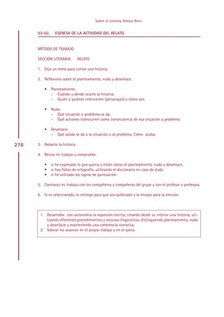 Sobre el sistema Amara Berri


      03-02.     ESENCIA DE LA ACTIVIDAD DEL RELATO


      MÉTODO DE TRABAJO

      SECCION LITERARIA.      RELATO

      1. Elijo un tema para contar una historia.

      2. Reflexiono sobre el planteamiento, nudo y desenlace.

          •    Planteamiento:
               - Cuándo y dónde ocurre la historia.
               - Quién o quiénes intervienen (personajes) y cómo son.

          •    Nudo:
               - Qué situación o problema se da.
               - Qué acciones transcurren como consecuencia de esa situación o problema.

          •    Desenlace:
               - Qué salida se da a la situación o al problema. Cómo acaba.

278   3. Redacto la historia .

      4. Reviso mi trabajo y compruebo:

          •    si he expresado lo que quería y están claros el planteamiento, nudo y desenlace.
          •    si hay faltas de ortografía, utilizando el diccionario en caso de duda.
          •    si he utilizado los signos de puntuación.

      5. Contrasto mi trabajo con los compañeros y compañeras del grupo y con el profesor o profesora.

      6. Si es seleccionado, lo entrego para que sea publicado o lo ensayo para la emisión.



       1. Desarrollar con autonomía la expresión escrita, creando desde su interior una historia, uti-
          lizando diferentes procedimientos y recursos lingüísticos, distinguiendo planteamiento, nudo
          y desenlace y manteniendo una coherencia narrativa.
       2. Valorar los avances en el propio trabajo y en el ajeno.




                                              Indice
 
