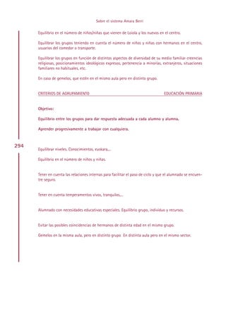 Sobre el sistema Amara Berri

      Equilibrio en el número de niños/niñas que vienen de Loiola y los nuevos en el centro.

      Equilibrar los grupos teniendo en cuenta el número de niños y niñas con hermanos en el centro,
      usuarios del comedor o transporte.

      Equilibrar los grupos en función de distintos aspectos de diversidad de su medio familiar creencias
      religiosas, posicionamientos ideológicos expresos, pertenencia a minorías, extranjeros, situaciones
      familiares no habituales, etc.

      En caso de gemelos, que estén en el mismo aula pero en distinto grupo.


      CRITERIOS DE AGRUPAMIENTO                                                   EDUCACIÓN PRIMARIA


      Objetivo:

      Equilibrio entre los grupos para dar respuesta adecuada a cada alumno y alumna.

      Aprender progresivamente a trabajar con cualquiera.



294
      Equilibrar niveles. Conocimientos, euskara,...

      Equilibrio en el número de niños y niñas.


      Tener en cuenta las relaciones internas para facilitar el paso de ciclo y que el alumnado se encuen-
      tre seguro.


      Tener en cuenta temperamentos vivos, tranquilos,...


      Alumnado con necesidades educativas especiales. Equilibrio grupo, individuo y recursos.


      Evitar las posibles coincidencias de hermanos de distinta edad en el mismo grupo.

      Gemelos en la misma aula, pero en distinto grupo En distinta aula pero en el mismo sector.




                                                Indice
 