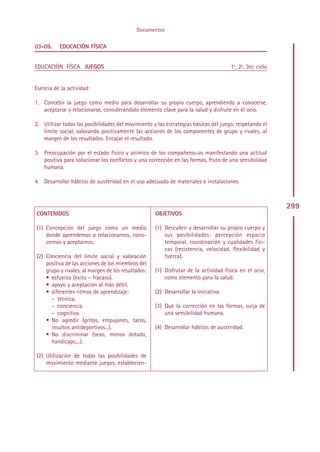 Documentos

03-09.    EDUCACIÓN FÍSICA


EDUCACIÓN FÍSCA. JUEGOS                                                               1º, 2º, 3er. ciclo


Esencia de la actividad:

1. Concebir la juego como medio para desarrollar su propio cuerpo, aprendiendo a conocerse,
   aceptarse y relacionarse, considerándolo elemento clave para la salud y disfrute en el ocio.

2. Utilizar todas las posibilidades del movimiento y las estrategias básicas del juego, respetando el
   límite social, valorando positivamente las acciones de los componentes de grupo y rivales, al
   margen de los resultados. Encajar el resultado.

3. Preocupación por el estado físico y anímico de los compañeros-as manifestando una actitud
   positiva para solucionar los conflictos y una corrección en las formas, fruto de una sensibilidad
   humana.

4. Desarrollar hábitos de austeridad en el uso adecuado de materiales e instalaciones.



                                                                                                           299
CONTENIDOS                                           OBJETIVOS

(1) Concepción del juego como un medio               (1) Descubrir y desarrollar su propio cuerpo y
    donde aprendemos a relacionarnos, cono-              sus posibilidades: percepción espacio
    cernos y aceptarnos.                                 temporal, coordinación y cualidades físi-
                                                         cas (resistencia, velocidad, flexibilidad y
(2) Conciencia del límite social y valoración            fuerza).
    positiva de las acciones de los miembros del
    grupo y rivales, al margen de los resultados:    (1) Disfrutar de la actividad física en el ocio,
    • esfuerzo (éxito – fracaso).                        como elemento para la salud.
    • apoyo y aceptación al más débil.
    • diferentes ritmos de aprendizaje:              (2) Desarrollar la iniciativa.
      - técnica.
      - conciencia.                                  (3) Que la corrección en las formas, surja de
      - cognitivo.                                       una sensibilidad humana.
    • No agredir (gritos, empujones, tacos,
      insultos antideportivos...).                   (4) Desarrollar hábitos de austeridad.
    • No discriminar (sexo, menos dotado,
      handicaps,...).

(2) Utilización de todas las posibilidades de
    movimiento mediante juegos, establecien-




                                                    Indice
 