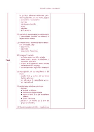 Sobre el sistema Amara Berri



          do ajustes a diferentes velocidades y tra-
          yectorias descritas por uno mismo, objetos
          o compañeros y compañeras:
          • carreras.
          • cambios de dirección.
          • giros.
          • paradas.
          • aceleraciones.

      (2) Aprendizaje y práctica de juegos populares
          y tradicionales, así como sus normas y el
          respeto de las mismas.

      (2) Conocimiento y elaboración de las estrate-
          gias básicas del juego:
          • cooperación.
          • oposición.
          • cooperación / oposición.

      (2) Encaje del resultado:
          • disfrutar por encima del resultado.
          • saber ganar y perder, reconociendo el
300         mérito del adversario.
          • respeto a los oponentes como compo-
            nentes esenciales del juego.
          • saludar de manera deportiva al adversario.

      (3) Preocupación por los compañeros-as del
          grupo:
          • estado físico y anímico de los demás
            (caídas, golpes,...).
          • sin sobrecarga de trabajo (sacar y reco-
            ger materiales...).

      (3) Actitud para solucionar conflictos:
          1. Método:
             • analizar lo ocurrido.
             • describir con carga afectiva.
             • llegar al ideal, a lo que hubiésemos
               deseado.
             • buscar soluciones.
          2. Cesión de un derecho por el bien del
             grupo (saber ceder).

      (4) Uso adecuado de materiales e instalaciones.




                                             Indice
 