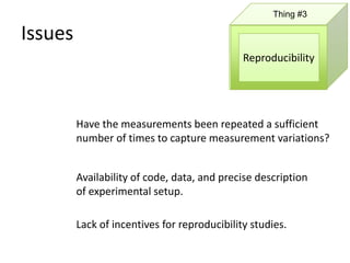 Thing #3

Issues
                                              Reproducibility




         Have the measurements been repeated a sufficient
         number of times to capture measurement variations?


         Availability of code, data, and precise description
         of experimental setup.

         Lack of incentives for reproducibility studies.
 