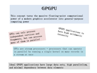 GPGPU
 This concept turns the massive floating-point computational
 power of a modern graphics accelerator into general-purpose
 computing power




   GPUs are stream processors – processors that can operate
   in parallel by running a single kernel on many records in
   a stream at once



Ideal GPGPU applications have large data sets, high parallelism,
and minimal dependency between data elements
 