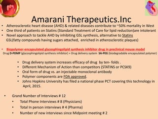 Amarani Therapeutics.Inc
• Grand Number of Interviews # 12
• Total Phone Interviews # 8 (Physicians)
• Total In person interviews # 4 (Pharma)
• Number of new interviews since Midpoint meeting # 2
• Atherosclerotic heart disease (AHD) & related diseases contribute to ~50% mortality in West
• One third of patients on Statins (Standard Treatment of Care for lipid reduction)are intolerant
• Novel approach to tackle AHD by inhibiting GSL synthesis, alternative to Statins
GSL(fatty compounds having sugars attached, enriched in atherosclerotic plaques)
• Biopolymer-encapsulated glycosphingolipid synthesis inhibitor drug in preclinical mouse model
Drug D-PDMP (glycosphingolipid synthesis inhibitor) + Drug delivery system SA-PEG (biodegradable encapsulated polymer)
• Drug delivery system increases efficacy of drug by ten- folds .
• Different Mechanism of Action than competitors (STATINS or PCSK9)
• Oral form of drug vs. an injectable monoclonal antibody
• Polymer components are FDA approved.
• Johns Hopkins University has filed a national phase PCT covering this technology in
April, 2015.
 