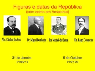 Figuras e datas da República (com nome em Amarante) Alm. Cândido dos Reis Dr. Miguel Bombarda Dr. Lago Cerqueira Ten. Machado dos Santos 5 de Outubro 31 de Janeiro (1891) (1910) 