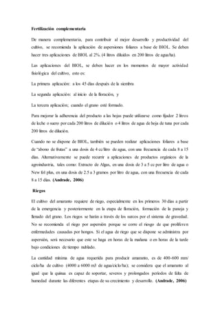 Fertilización complementaria
De manera complementaria, para contribuir al mejor desarrollo y productividad del
cultivo, se recomienda la aplicación de aspersiones foliares a base de BIOL. Se deben
hacer tres aplicaciones de BIOL al 2%. (4 litros diluidos en 200 litros de agua/ha).
Las aplicaciones del BIOL, se deben hacer en los momentos de mayor actividad
fisiológica del cultivo, esto es:
La primera aplicación: a los 45 días después de la siembra
La segunda aplicación: al inicio de la floración, y
La tercera aplicación; cuando el grano esté formado.
Para mejorar la adherencia del producto a las hojas puede utilizarse como fijador 2 litros
de leche o suero por cada 200 litros de dilución o 4 litros de agua de hoja de tuna por cada
200 litros de dilución.
Cuando no se dispone de BIOL, también se pueden realizar aplicaciones foliares a base
de “abono de frutas” a una dosis de 4 cc/litro de agua, con una frecuencia de cada 8 a 15
días. Alternativamente se puede recurrir a aplicaciones de productos orgánicos de la
agroindustria, tales como: Extracto de Algas, en una dosis de 3 a 5 cc por litro de agua o
New fol plus, en una dosis de 2.5 a 3 gramos por litro de agua, con una frecuencia de cada
8 a 15 días. (Andrade, 2006)
Riegos
El cultivo del amaranto requiere de riego, especialmente en los primeros 30 días a partir
de la emergencia y posteriormente en la etapa de floración, formación de la panoja y
llenado del grano. Los riegos se harán a través de los surcos por el sistema de gravedad.
No se recomienda el riego por aspersión porque se corre el riesgo de que proliferen
enfermedades causadas por hongos. Si el agua de riego que se dispone se administra por
aspersión, será necesario que este se haga en horas de la mañana o en horas de la tarde
bajo condiciones de tiempo nublado.
La cantidad mínima de agua requerida para producir amaranto, es de 400-600 mm/
ciclo/ha de cultivo (4000 a 6000 m3 de agua/ciclo/ha); se considera que el amaranto al
igual que la quinua es capaz de soportar, severos y prolongados períodos de falta de
humedad durante las diferentes etapas de su crecimiento y desarrollo. (Andrade, 2006)
 