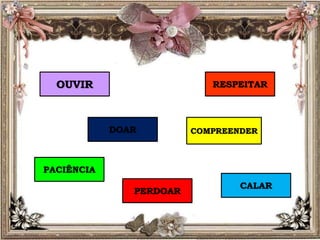 DOAR
PACIÊNCIA
RESPEITAR
PERDOAR
CALAR
COMPREENDER
OUVIR
 