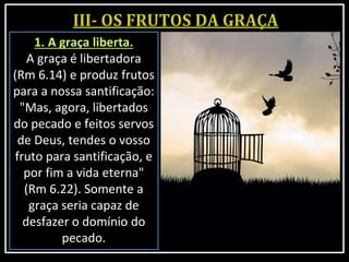 1. A graça liberta.
A graça é libertadora
(Rm 6.14) e produz frutos
para a nossa santificação:
"Mas, agora, libertados
do pecado e feitos servos
de Deus, tendes o vosso
fruto para santificação, e
por fim a vida eterna"
(Rm 6.22). Somente a
graça seria capaz de
desfazer o domínio do
pecado.
 