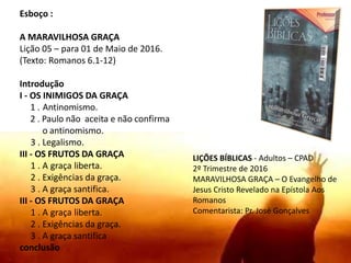Esboço :
A MARAVILHOSA GRAÇA
Lição 05 – para 01 de Maio de 2016.
(Texto: Romanos 6.1-12)
Introdução
I - OS INIMIGOS DA GRAÇA
1 . Antinomismo.
2 . Paulo não aceita e não confirma
o antinomismo.
3 . Legalismo.
III - OS FRUTOS DA GRAÇA
1 . A graça liberta.
2 . Exigências da graça.
3 . A graça santifica.
III - OS FRUTOS DA GRAÇA
1 . A graça liberta.
2 . Exigências da graça.
3 . A graça santifica
conclusão
LIÇÕES BÍBLICAS - Adultos – CPAD
2º Trimestre de 2016
MARAVILHOSA GRAÇA – O Evangelho de
Jesus Cristo Revelado na Epístola Aos
Romanos
Comentarista: Pr. José Gonçalves
 