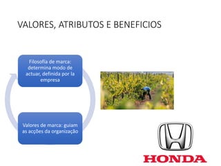 VALORES, ATRIBUTOS E BENEFICIOS
Filosofía de marca:
determina modo de
actuar, definida por la
empresa
Valores de marca: guiam
as acções da organização
 