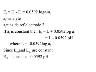 Eb = E1 - E2 = 0.0592 loga1/a2
a1=analyte
a2=inside ref electrode 2
If a2 is constant then Eb = L + 0.0592log a1
= L - 0.0592 pH
where L = -0.0592log a2
Since Eref1and Eref2 are constant
Ecell = constant - 0.0592 pH
 