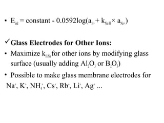 • Eind = constant - 0.0592log(aH++ kNa/H× aNa+)
Glass Electrodes for Other Ions:
• Maximize kH/Nafor other ions by modifying glass
surface (usually adding Al2O3 or B2O3)
• Possible to make glass membrane electrodes for
Na+
, K+
, NH4
+
, Cs+
, Rb+
, Li+
, Ag+
...
 