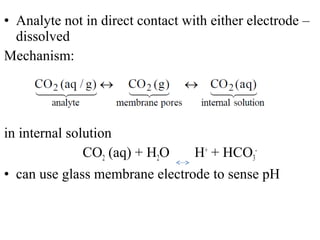 • Analyte not in direct contact with either electrode –
dissolved
Mechanism:
in internal solution
CO2 (aq) + H2O H+
+ HCO3
-
• can use glass membrane electrode to sense pH
 