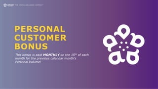 PERSONAL
CUSTOMER
BONUS
This bonus is paid MONTHLY on the 15th of each
month for the previous calendar month’s
Personal Volume!
 