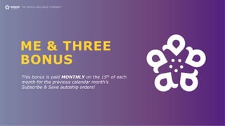 ME & THREE
BONUS
This bonus is paid MONTHLY on the 15th of each
month for the previous calendar month’s
Subscribe & Save autoship orders!
 