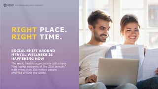 RIGHT PLACE.
RIGHT TIME.
SOCIAL SHIFT AROUND
MENTAL WELLNESS IS
HAPPENING NOW
The world health organization calls stress
“the health epidemic of the 21st century”
with more than 350 million people
affected around the world.
 