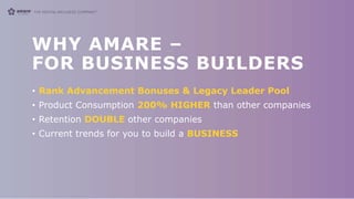 WHY AMARE –
FOR BUSINESS BUILDERS
• Rank Advancement Bonuses & Legacy Leader Pool
• Product Consumption 200% HIGHER than other companies
• Retention DOUBLE other companies
• Current trends for you to build a BUSINESS
 