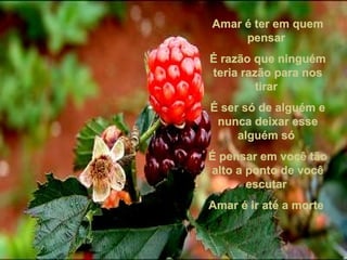 Amar é ter em quemAmar é ter em quem
pensarpensar
É razão que ninguémÉ razão que ninguém
teria razão para nosteria razão para nos
tirartirar
É ser só de alguém eÉ ser só de alguém e
nunca deixar essenunca deixar esse
alguém sóalguém só
É pensar em você tãoÉ pensar em você tão
alto a ponto de vocêalto a ponto de você
escutarescutar
Amar é ir até a morteAmar é ir até a morte
 