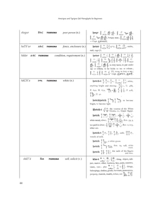 Amarigna and Tigrigna Qal Hieroglyphs for Beginners
44
shäT'ä ċǗ TIGRIGNA sell, solicit (v.)
shˬgur ĐǅĀ TIGRIGNA poor person (n.)
haTS'ur ãǰĀ TIGRIGNA fence, enclosure (n.)
hädar ãƯĀ TIGRIGNA condition, requirement (n.)
häCH'a ÔǢ TIGRIGNA white (n.)
 