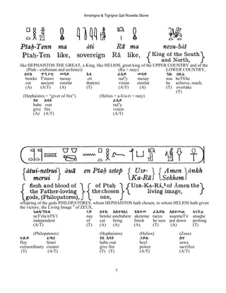 Amarigna & Tigrigna Qal Rosetta Stone
7
like HEPHAISTOS THE GREAT, a King, like HELIOS, great king of the UPPER COUNTRY and of the
(Ptah - craftsman and architect) (Ra = raey) LOWER COUNTRY,
በተከ ጥንታዊ መሳይ Eቲ ራEይ መሳይ ንሱ በጽሐ
beteke T'ntawi mesay eti raE'y mesay nsu beTS'he
cut ancient similar that(m) vision similar he achieve, reach,
(A) (A/T) (A) (T) (A/T) (A) (T) overtake
(T)
(Hephaistos = “giver of fire”) (Helios = a-li/a-ri = raey)
ሃበ Eሳት ራEይ
habe esat raE'y
give fire vision
(A) (A/T) (A/T)
offspring of the gods PHILOPATORES, whom HEPHAISTOS hath chosen, to whom HELIOS hath given
the victory, the Living Image 8
of ZEUS,
ነጠላ/ንጽል ናይ በተከ Aስተባበረ Aከተመ ራEይU Aስቀመጠ ኣናቅሐ
neT'ela/nTS’l nay beteke astebabere aketeme raeyu asqemeT'e anaqhe
independent of cut bring finish he sees put down prolong
(A/T) (T) (A) (A) (A) (T) (A) (T)
(Philopatores) (Hephaistos) (Helios) (Zeus)
ፍሉይ ፈጣሪ ሃበ Eሳት ኃይል ሰዋ
fluy fetari habe esat heyl sewa
extraordinary creator give fire power sacrifice
(T) (A/T) (T) (T) (A/T) (A/T)
 