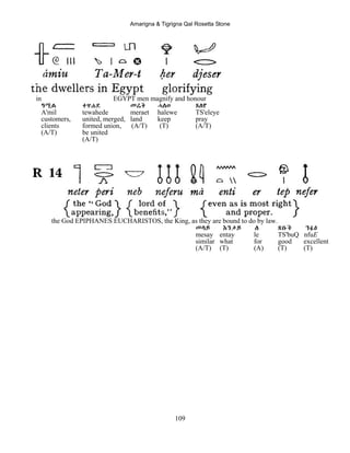 Amarigna & Tigrigna Qal Rosetta Stone
109
in EGYPT men magnify and honour
ዓሚል ተዋሐደ መሬት ሓለወ ጸለየ
A'mil tewahede meraet halewe TS'eleye
customers, united, merged, land keep pray
clients formed union, (A/T) (T) (A/T)
(A/T) be united
(A/T)
the God EPIPHANES EUCHARISTOS, the King, as they are bound to do by law.
መሳይ Eንታይ ለ ጽቡቕ ንፉE
mesay entay le TS'buQ nfuE
similar what for good excellent
(A/T) (T) (A) (T) (T)
 