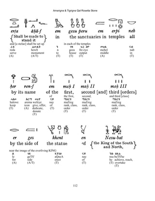 Amarigna & Tigrigna Qal Rosetta Stone
112
and [a stelae] shall be set up in each of the temples
ረዳ ሐውልት ን ገዛ ፍረ Eዮ መሀል ናብ
reda hewlt n geza fre eyo mehel nab
serve monument to house output middle in
(A) (A/T) (T) (T) (T) (A) (T)
of the first, second, and third [class]
ሓለወ Aርማ ወፈየ ናይ ማEረግ ማEረግ ማEረግ
halewe arema wefeye nay maEreg maEreg maEreg
keep icon give, offer, of rank, class, rank, class, rank, class,
(T) (A) dedicate, (T) order order order
donate (T) (T) (T)
(T)
near the image of the everliving KING
ለ ገጽ ኣቕነA ናይ ንሱ በጽሐ
le geTS' aQneA nay nsu beTS'he
for side erect of he achieve, reach,
(A) (A/T) (T) (T) (T) overtake
(T)
 