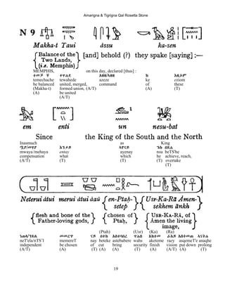 Amarigna & Tigrigna Qal Rosetta Stone
19
MEMPHIS, on this day, declared [thus] :
ተመቻ ቸ ተዋሐደ Aዘዘ/ኣዘዘ ከ EዚOም
temechache tewahede azeze ke eziom
be balanced united, merged, command of these
(Makha-t) formed union, (A/T) (A) (T)
(A) be united
(A/T)
Inasmuch as King
ሟያ/መሃያ Eንታይ ኣየናይ ንሱ በጽሐ
mwaya/mehaya entay ayenay nsu beTS'he
compensation what which he achieve, reach,
(A/T) (T) (T) (T) overtake
(T)
(Ptah) (Usr) (Ka) (Ra)
ነጠላ/ንጽል መመረጥ ናይ በተከ Aስተባበረ ዋሕስ Aከተመ ራEይ Aስቀመጠ ኣናቅሐ
neT'ela/nTS’l memereT nay beteke astebabere wahs aketeme raey asqemeT'e anaqhe
independent be chosen of cut bring security finish vision put down prolong
(A/T) (A) (T) (A) (A) (T) (A) (A/T) (A) (T)
 