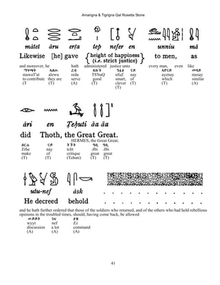 Amarigna & Tigrigna Qal Rosetta Stone
41
and moreover, he hath administered justice unto every man, even like
ማዋጣት ኣለዉ ረዳ ጽቡቕ ንፉE ናይ ኣየናይ መሳይ
mawaT'at alewu reda TS'buQ nfuE nay ayenay mesay
to contribute they are serve good smart, of which similar
(T (T) (A) (T) clever (T) (T) (A)
(T)
HERMES, the Great Great;
Eርሐ ናይ ትችት ዓቢ ዓቢ
Erhe nay tcht Abi Abi
make of critique great great
(T) (T) (Tehuti) (T) (T)
and he hath further ordered that those of the soldiers who returned, and of the others who had held rebellious
opinions in the troubled times, should, having come back, be allowed
ውይይት ነፍ Eዝ
wyyt nef Ez
discussion a lot command
(A) (A) (A)
 