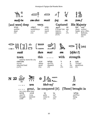 Amarigna & Tigrigna Qal Rosetta Stone
49
ዓሚቝ መሸፈኛ መዓት ጨቈነ ናይ ሹም ወፈየ
amiQw meshefenya meAt CH'eqw’ene nay shum wefeye
deep cover much repress, of leader give, offer,
(T) (A) (T) oppress (T) (T) dedicate,
(A/T) donate
(T)
took by storm the city
ርስት/ርስቲ ደኅና ኣምጽA ን ለ ጸገI
rst/rsti dehna amTS'a n le TS'egeI
inherited land good dispatch to for protection
(A/T) (A) (T) (T) (A) (T)
in a very short time
Aመጣ ውሩይ ገባ ነፍ ኣምጸA
ameT'a wruy geba nef amTS'ee
brought eminent come in a lot bring
(AM (T) (A) (T) (T)
 