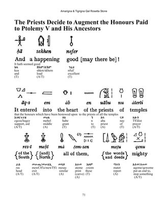 Amarigna & Tigrigna Qal Rosetta Stone
71
The Priests Decide to Augment the Honours Paid
to Ptolemy V and His Ancestors
It hath seemed good
ከኣ ሸክም/ሰኸም ንፉE
kea shkm/skhem nfuE
and load excellent
(T) (A/T) (T)
that the honours which have been bestowed upon to the priests of all the temples
Eገዛ/ሓገዝ መሀል ሃበ ን Aባ ናይ ጸሎት
egeza/hagez mehel habe n aba nay TS'älot
support, aid middle grant to priest of prayer
(A/T) (A) (T) (T) (A) (T) (A/T)
ራስ መውጫ/መውጽI መሳይ Aተመ Eዞም ማተት Aቆመ/ቀወመ
ras mewCH'a/mewTS'i mesay ateme eziom matet aqome/qeweme
head exit similar print these report put an end to,
(A/T) (A/T) (A) (carve) (T) (A) stop something
(A) (A/T)
 