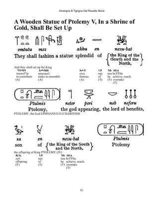 Amarigna & Tigrigna Qal Rosetta Stone
81
A Wooden Statue of Ptolemy V, In a Shrine of
Gold, Shall Be Set Up
And they shall set up for King
ማዋጣት Aመሳሰለ Eውቅ ናይ ንሱ በጽሐ
mawaT'at amesasel ewq nay nsu beTS'he
to contribute make to resemble famous of he achieve, reach,
(A) (A) (A) (T) (T) overtake
(T)
PTOLEMY, the God EPIPHANES EUCHARISTOS
the offspring of King PTOLEMY (IV)
ዘርI ናይ ንሱ በጽሐ
zeri nay nsu beTS'he
offspring of he achieve, reach,
(T) (T) (T) overtake
(T)
 