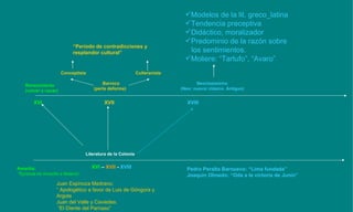 Modelos de la lit. greco_latina
                                                                               Tendencia preceptiva
                                                                               Didáctico, moralizador
                                                                               Predominio de la razón sobre
                            “Período de contradicciones y
                            resplandor cultural”                                los sentimientos.
                                                                               Moliere: “Tartufo”, “Avaro”
                       Conceptista                            Culteranista

    Renacimiento                           Barroco                                  Neoclasisismo
    (volver a nacer)                   (perla deforme)                       (Neo: nuevo/ clásico. Antiguo)


        XVI                                 XVII                                XVIII




                                   Literatura de la Colonia


Amarilis:                            XVI – XVII - XVIII                         Pedro Peralta Barnuevo: “Lima fundada”
“Epístola de Amarilis a Belardo”                                                Joaquín Olmedo: “Oda a la victoria de Junín”
                    Juan Espinoza Medrano:
                    ” Apologético a favor de Luis de Góngora y
                    Argote
                    Juan del Valle y Caviedes:
                     “El Diente del Parnaso”
 