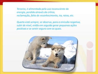 Terceiro, é alimentado pelo uso inconsciente da
energia, perdida através da crítica,
reclamação, falta de reconhecimento, ira, raiva, etc.

Quarto está sempre, se observa, para a emissão negativa,
subir de nível, então em seguida gerar pequenas ações
positivas e se sentir seguro com as quais.
 