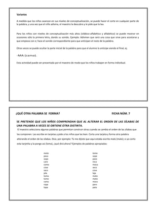 Variantes A medida que los niños avanzan en sus niveles de conceptualización, se puede hacer el corte en cualquier parte de la palabra, y una vez que el niño adivina, el maestro la descubre y le pide que la lea. Para los niños con niveles de conceptualización más altos (silábico-alfabético y alfabético) se puede mostrar en ocasiones sólo la primera letra, dando su sonido. Ejemplo: Adivinen que será una cosa que sirve para acostarse y que empieza con e; hace el sonido correspondiente para que anticipen el resto de la palabra. Otras veces se puede ocultar la parte inicial de la palabra para que el alumno la anticipe viendo el final, ej. -MA (cama). Esta actividad puede ser presentada por el maestro de modo que los niños trabajen en forma individual. 
¿QUÉ OTRA PALABRA SE FORMA? FICHA NÚM. 7 SE PRETENDE QUE LOS NIÑOS COMPRENDAN QUE AL ALTERAR EL ORDEN DE LAS SÍLABAS DE UNA PALABRA A VECES SE OBTIENE OTRA DISTINTA. El maestro selecciona algunas palabras que permitan construir otras cuando se cambia el orden de las sílabas que las componen. Las escribe en tarjetas y pide a los niños que las lean. Corta una tarjeta y forma otra palabra alterando el orden de las sílabas. Dice, por ejemplo: Tú me dijiste que aquí estaba escrito malo (malo); si yo corto esta tarjetita y la pongo asi (loma), ¿qué dirá ahora? Ejemplos de palabras apropiadas: 
mete peso sopa caro como cose saco jala toma tome ramo ropa tapa 
teme sope paso roca moco seco cosa laja mato meto mora paro pata  