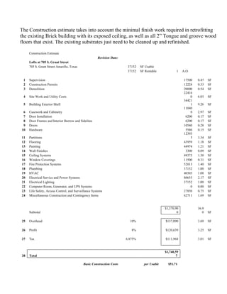 The Construction estimate takes into account the minimal finish work required in retrofitting
the existing Brick building with its exposed ceiling, as well as all 2” Tongue and groove wood
floors that exist. The existing substrates just need to be cleaned up and refinished.

     Construction Estimate
                                                      Revision Date:
     Lofts at 705 S. Grant Street
     705 S. Grant Street Amarillo, Texas                                37152   SF Usable
                                                                        37152   SF Rentable           1    A.O.

 1   Supervision                                                                                            17500   0.47   SF
 2   Construction Permits                                                                                   12228   0.33   SF
 3   Demolition                                                                                             20000   0.54   SF
                                                                                                            22416
 4   Site Work and Utility Costs                                                                                0   6.03   SF
                                                                                                            34421
 5   Building Exterior Shell                                                                                    1   9.26   SF
                                                                                                            11040
 6   Casework and Cabinetry                                                                                     0   2.97   SF
 7   Door Installation                                                                                       6200   0.17   SF
 8   Door Frames and Interior Borrow and Sidelites                                                           6200   0.17   SF
 9   Doors                                                                                                  10540   0.28   SF
10   Hardware                                                                                                5580   0.15   SF
                                                                                                            12393
11   Partitions                                                                                                 5   3.34   SF
12   Flooring                                                                                               43959   1.18   SF
13   Painting                                                                                               44974   1.21   SF
14   Wall Finishes                                                                                           3300   0.09   SF
15   Ceiling Systems                                                                                        48375   1.30   SF
16   Window Coverings                                                                                       11500   0.31   SF
17   Fire Protection Systems                                                                                52013   1.40   SF
18   Plumbing                                                                                               37152   1.00   SF
19   HVAC                                                                                                   40303   1.08   SF
20   Electrical Service and Power Systems                                                                   80655   2.17   SF
21   Electrical Lighting                                                                                    37152   1.00   SF
22   Computer Room, Generator, and UPS Systems                                                                  0   0.00   SF
23   Life Safety, Access Control, and Surveillance Systems                                                  27850   0.75   SF
24   Miscellaneous Construction and Contingency Items                                                       62711   1.69   SF


                                                                                               $1,370,90            36.9
     Subtotal                                                                                          0               0   SF

25   Overhead                                                            10%                   $137,090             3.69   SF

26   Profit                                                               8%                   $120,639             3.25   SF

27   Tax                                                               6.875%                  $111,968             3.01   SF


                                                                                               $1,740,59
28   Total                                                                                            7

                                            Basic Construction Costs              per Usable     $51.71
 