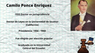 Camilo Ponce Enriquez
1933 Doctor en Jurisprudencia
Doctor de Leyes en la Universidad de Souther
(California)
Presidencia:...