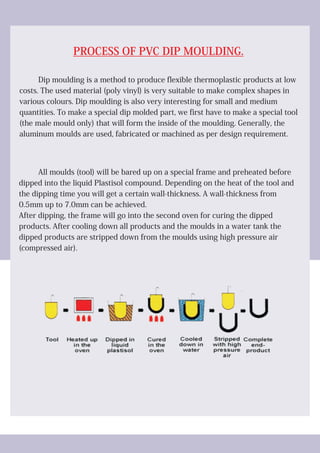 PROCESS OF PVC DIP MOULDING.
Dip moulding is a method to produce flexible thermoplastic products at low
costs. The used material (poly vinyl) is very suitable to make complex shapes in
various colours. Dip moulding is also very interesting for small and medium
quantities. To make a special dip molded part, we first have to make a special tool
(the male mould only) that will form the inside of the moulding. Generally, the
aluminum moulds are used, fabricated or machined as per design requirement.
All moulds (tool) will be bared up on a special frame and preheated before
dipped into the liquid Plastisol compound. Depending on the heat of the tool and
the dipping time you will get a certain wall-thickness. A wall-thickness from
0.5mm up to 7.0mm can be achieved.
After dipping, the frame will go into the second oven for curing the dipped
products. After cooling down all products and the moulds in a water tank the
dipped products are stripped down from the moulds using high pressure air
(compressed air).
 