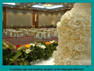 A wedding cake and wedding reception at the Watergate Ballroom   