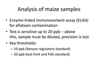 Analysis of maize samples
• Enzyme-linked immunosorbent assay (ELISA)
  for aflatoxin contamination
• Test is sensitive up to 20 ppb – above
  this, sample must be diluted, precision is lost
• Key thresholds:
  – 10 ppb (Kenyan regulatory standard)
  – 20 ppb (test limit and FDA standard)
 