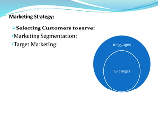 Selecting Customers to serve:
•Marketing Segmentation:
•Target Marketing: 10-35 ages
14- 29ages
 