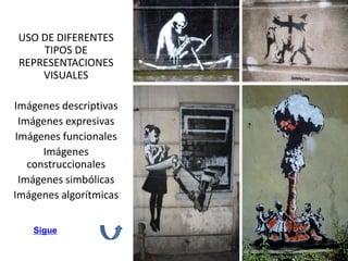 USO DE DIFERENTES
TIPOS DE
REPRESENTACIONES
VISUALES
Imágenes descriptivas
Imágenes expresivas
Imágenes funcionales
Imágenes
construccionales
Imágenes simbólicas
Imágenes algorítmicas
Sigue
 