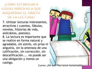 7. Utilizar lecturas interesantes,
atractivas ( cuentos, fábulas,
novelas, historias de vida,
anécdotas, poesías).
8. La lectura es importante que
se realice en forma natural y
agradable, sin estrés, sin prisa ni
angustia, sin la amenaza de una
calificación, sin corrección, sin
descalificación.... no puede ser
una obligación y menos un
castigo.
Cuento: ¿Por qué? Plan lector humanizador
 