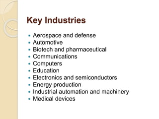 Key Industries
 Aerospace and defense
 Automotive
 Biotech and pharmaceutical
 Communications
 Computers
 Education
 Electronics and semiconductors
 Energy production
 Industrial automation and machinery
 Medical devices
 