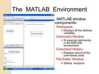 The MATLAB Environment
MATLAB window
components:
Workspace
> Displays all the defined
variables
Command Window
> To execute commands
in the MATLAB
environment
Command History
> Displays record of the
commands used
File Editor Window
> Define functions
 