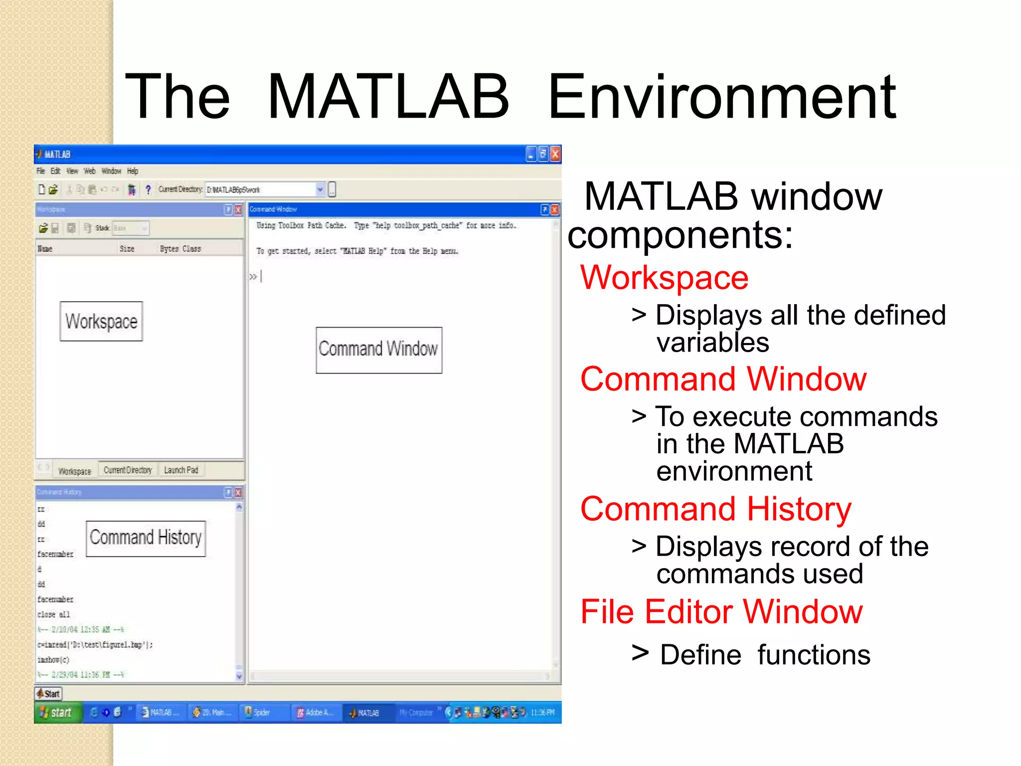 The MATLAB Environment
MATLAB window
components:
Workspace
> Displays all the defined
variables
Command Window
> To execute commands
in the MATLAB
environment
Command History
> Displays record of the
commands used
File Editor Window
> Define functions
 